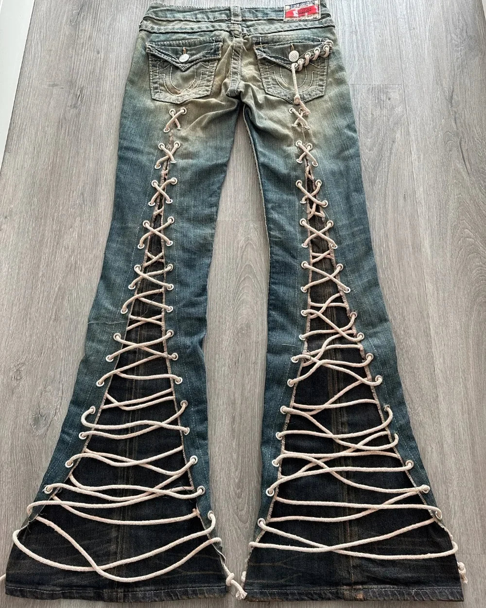 High Waisted Y2k Jeans Retro Blue Ripped Jeans for Women Line Sewn Gothic Punk Trumpet Jeans Casual Slim Streetwear Trousers