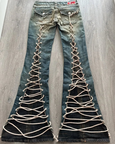 High Waisted Y2k Jeans Retro Blue Ripped Jeans for Women Line Sewn Gothic Punk Trumpet Jeans Casual Slim Streetwear Trousers