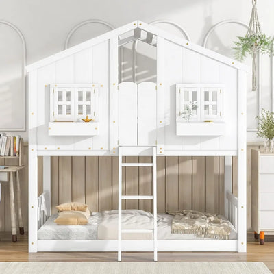 Harper & Bright Designs House Bunk Bed Twin Over Twin Kids Bunk Bed Wood Frame with Roof, Window, Window Box, Door, Safety Guard