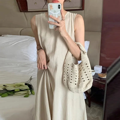 Hebe Style French Sleeveless Hollow out Vest Unique Elegant Black Summer Long Dress Women Backless Dress round Neck Ankle-length