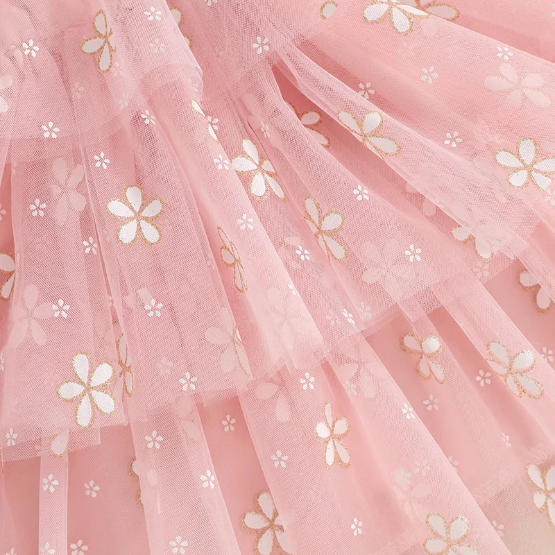 MISOWMNJOY Summer Chiffon Baby Girls Tulle Dresses Princess Daisy Print Flying Sleeve Kids A-Line Tiered Ruffle Layered Sundress