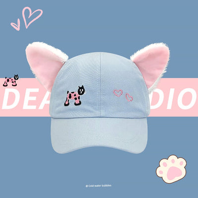 Y2g Sweet Cute Light Blue Cat Stuffed Ears Embroider Baseball Cap Female Easiest for Match Face-Looking Small Peaked Cap