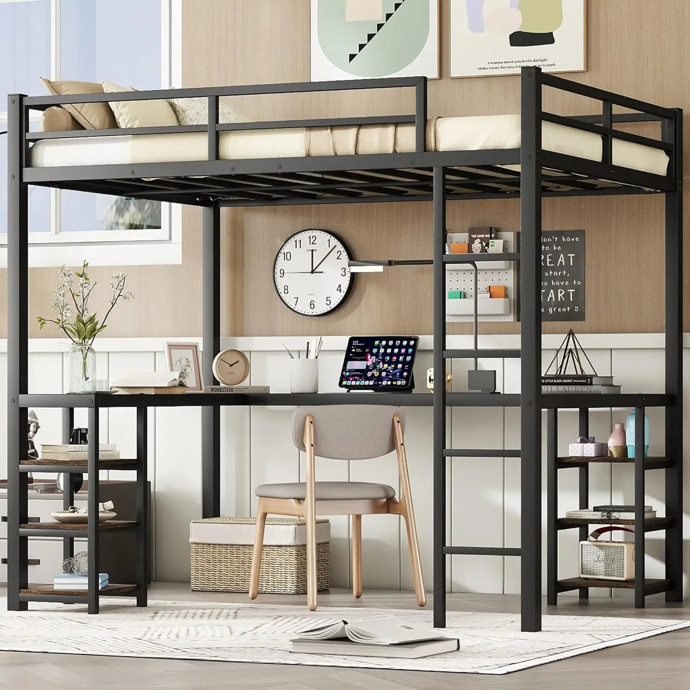 Full Size Loft Bed With Desk And Storage Shelves, Heavy Duty Loft Bed With Desk And Ladder, Full Size Loft Bed For Kids,