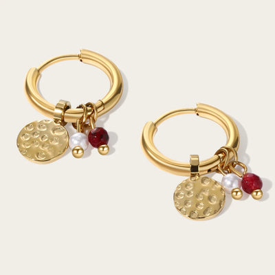 YACHAN 18K Gold Plated Stainless Steel Hoop Earrings for Women Tap Texture Metal Pearl Charms Earring Trendy Jewelry Gift