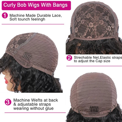 12A Cheap Water Wave Brazilian Human Hair Wig With Bangs Machine Made Wigs for Black Women Deep Wave Curly Wigs On Promotion