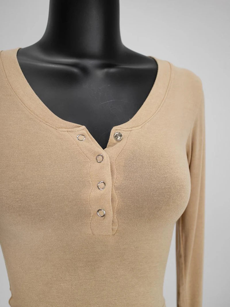 Button V-Neck Sexy Crop Top female long Sleeve Sashion Solid Color lady Tees Comfy Summer Basic Chic Thin T shirt See Through
