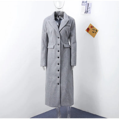 Woolen Burgundy Long Blazer Coat Women Single Breasted Notched Loose Long Sleeve Shoulder Pads Thicken Suit Jacket Female Office