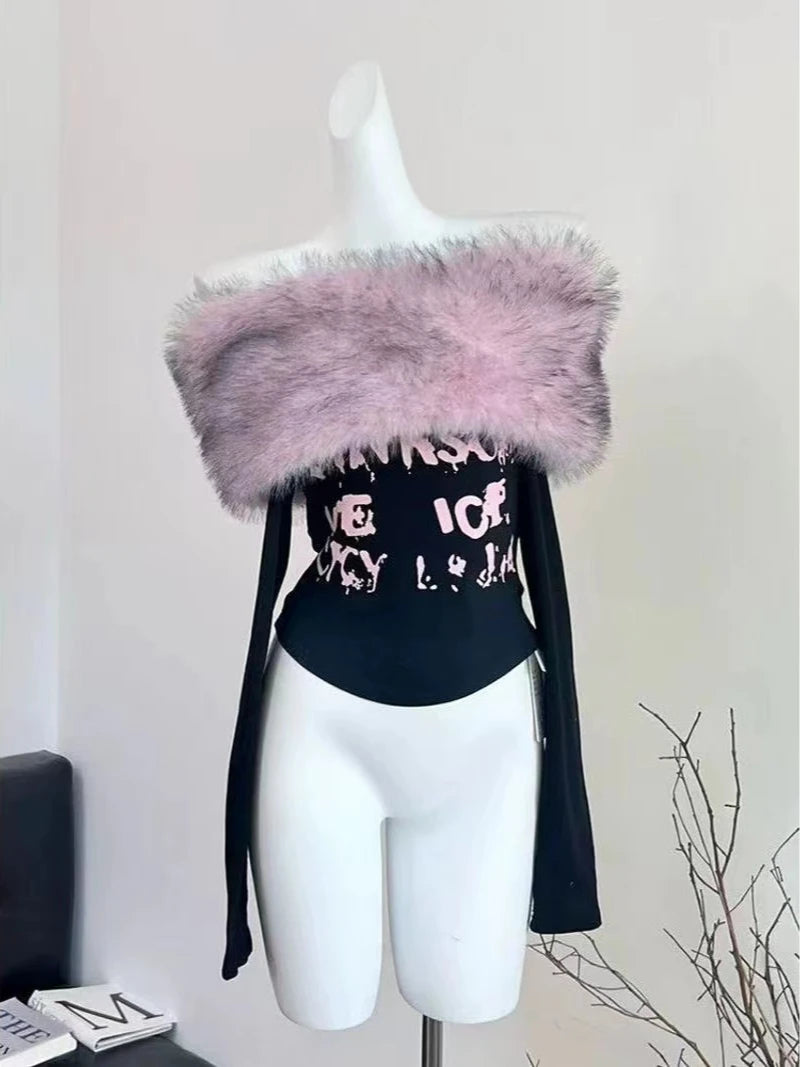 Autumn Winter Korean Fashion Coquette Slash Neck T-Shirt Women Hot Girl Tee Tops Design 2000s Aesthetic Vintage Old Money Y2k