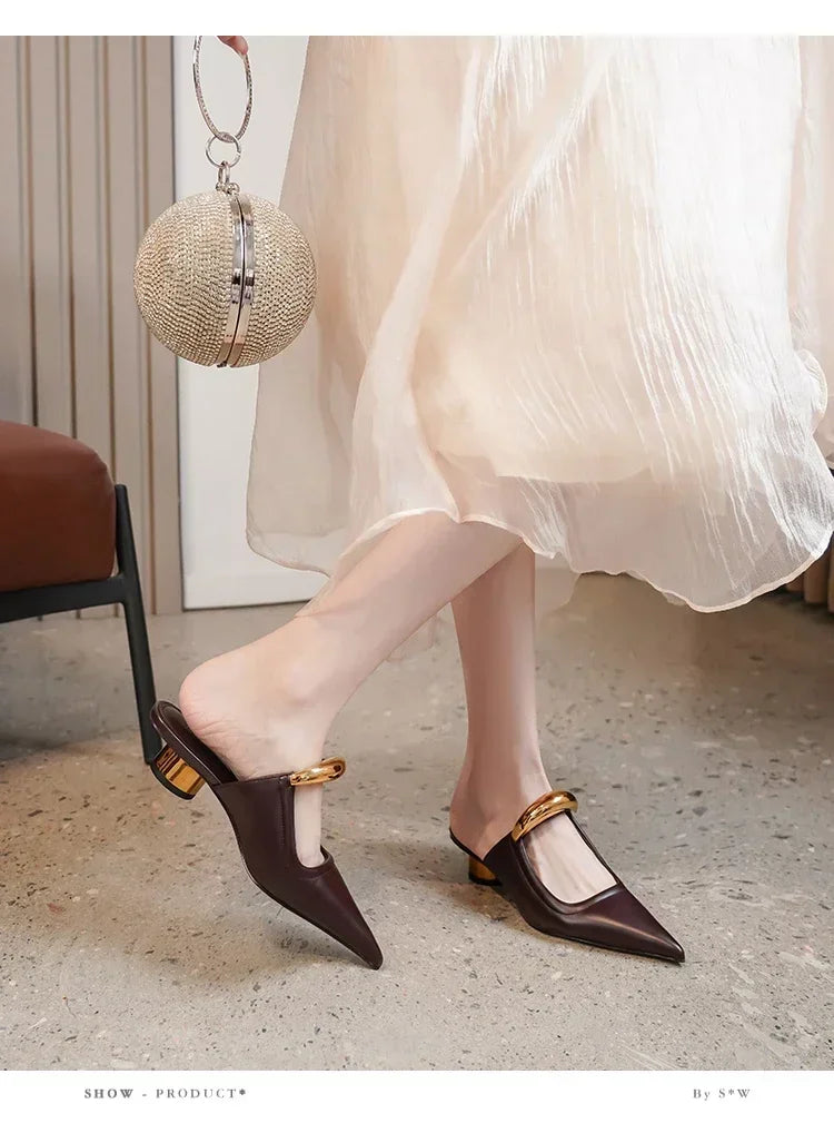 Punk Gothic Metal Buckle Low Heels Sandals Women 2025 New Pointed Toe Thick Heeled Summer Slippers Woman Platform Muller Shoes