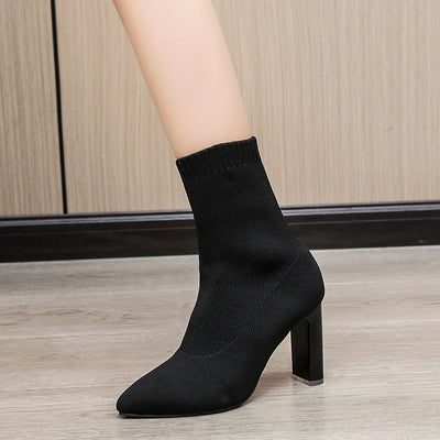 Women Boots Elastic High Heels Boots Breathable Thin Heels Botas Mujer Slip on Ankle Boots Elegant Woman Heeled Shoes D214