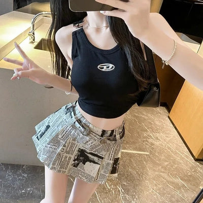 Women's Super Short Skirt Newspaper Print Four Seasons High Waist American Spice Girl Pleated   Anti-glare A-line Bustle Skirt