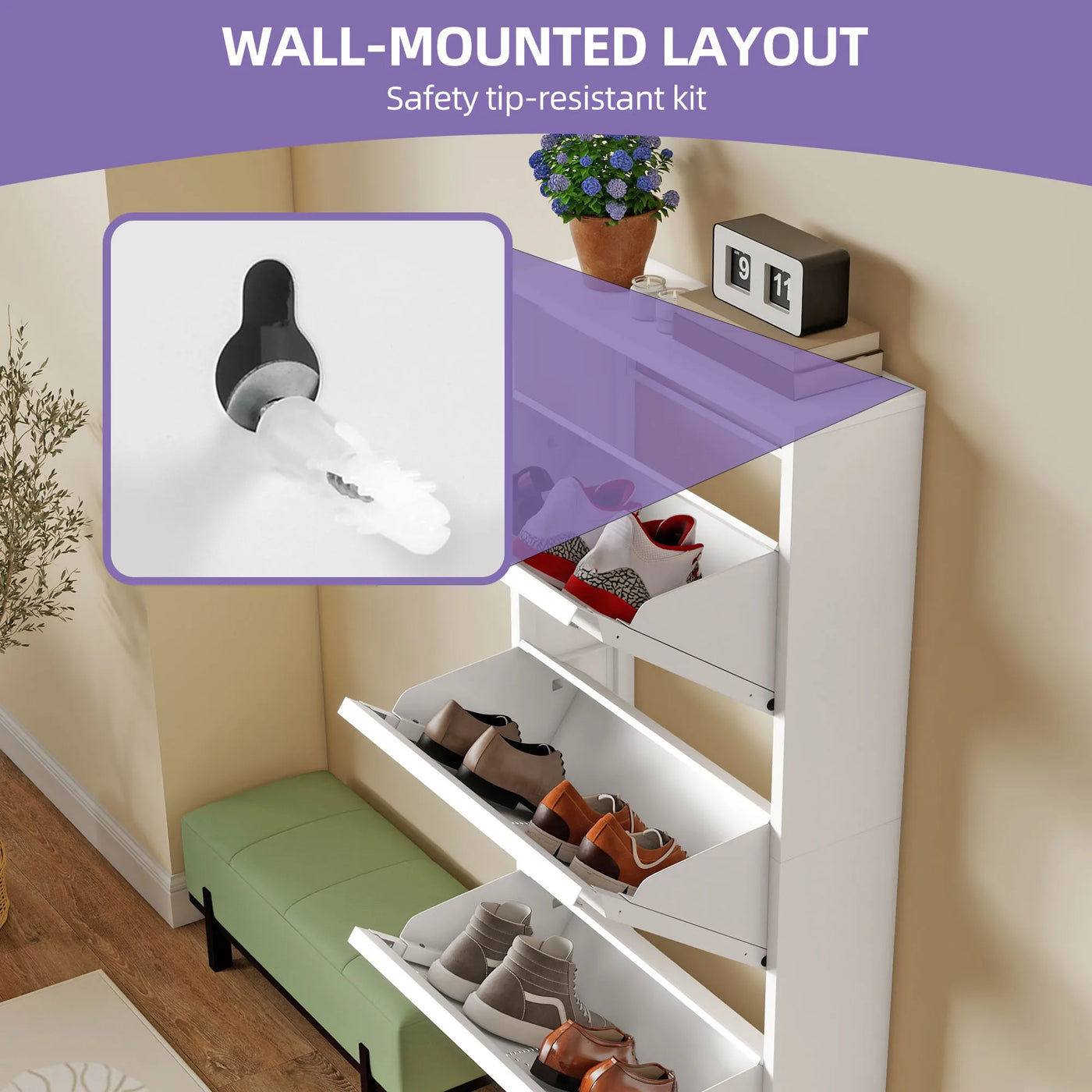 Thin 3-Drawer Shoe Cabinet - Space-Saving Steel Design with Ventilation for Entryway/Hallway