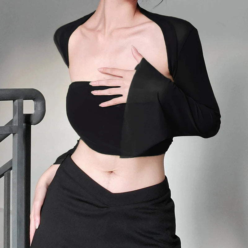Xingqing 2 Piece Outfit Women Tube Top with Shrug Off Shoulder Sleeveless Vest and Flared Cardigan Shrug y2k Clothes Streetwear