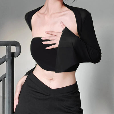 Xingqing 2 Piece Outfit Women Tube Top with Shrug Off Shoulder Sleeveless Vest and Flared Cardigan Shrug y2k Clothes Streetwear