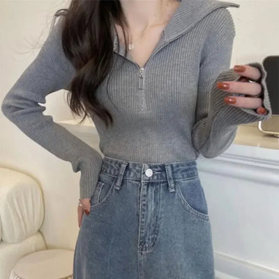 Zip Half Open Collar Knitted Sweater Spring and Autumn Long Sleeve Slim Bottom Shirt Women's Chic Top Pullover Y2k Korean Pulls
