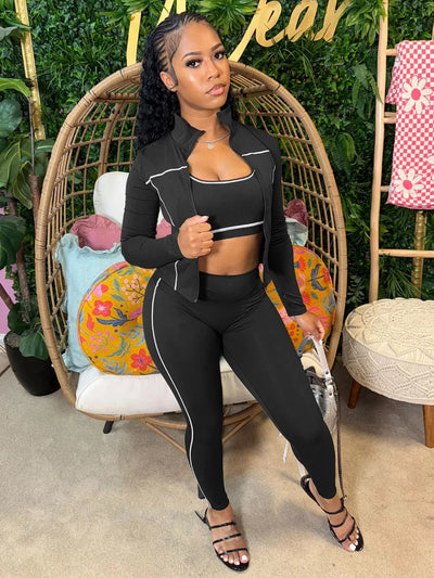 FLARORA Casual Sporty Three Piece Sets Woman Stripe Patchwork Sleeveless Vest+Jacket+Pant Outfits Female Yoga Fitness Tracksuits