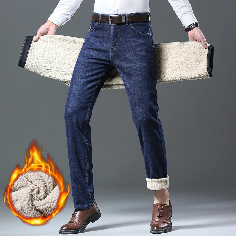 Men's Wool Velvet Jeans Winter Fleece Thickened Business Casual Straight Denim Pants Soft Cozy Thermal Stretch Trousers Male