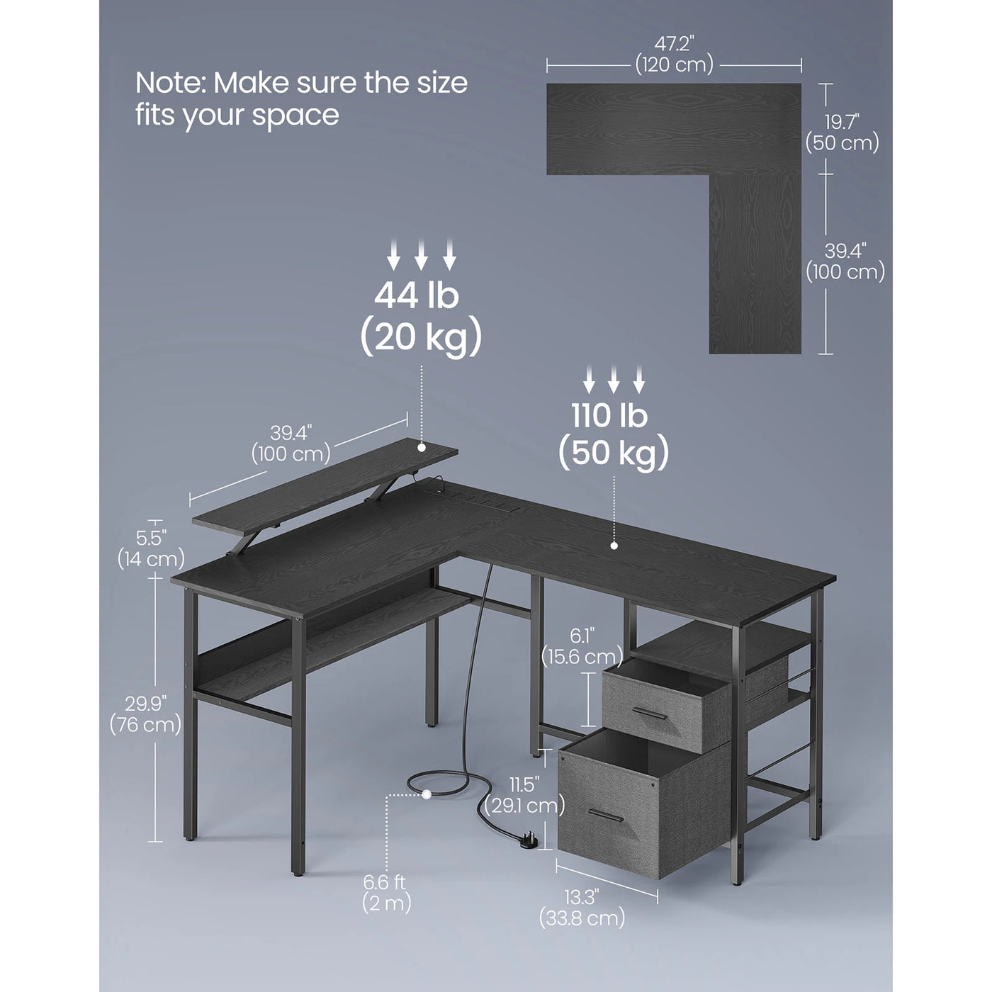 VASAGLE L-Shaped Desk with Power Outlets, Corner Desk, Gaming Desk with LED Lights, 2 Drawers, 2 USB Ports, 150x120x89cm
