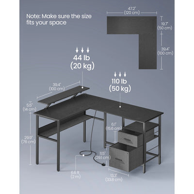 VASAGLE L-Shaped Desk with Power Outlets, Corner Desk, Gaming Desk with LED Lights, 2 Drawers, 2 USB Ports, 150x120x89cm