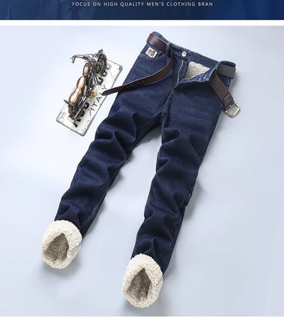 Men's Wool Velvet Jeans Winter Fleece Thickened Business Casual Straight Denim Pants Soft Cozy Thermal Stretch Trousers Male