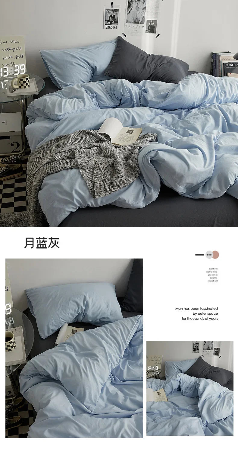 High Quality  Solid Color Double Washed Cotton Bedding 4 Pieces Set Student Dormitory Bed Linen Duvet Set Bed Suit
