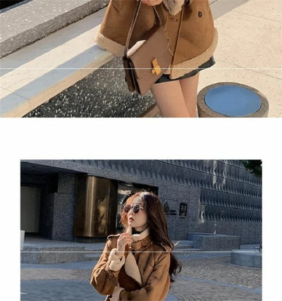 2024 Autumn Winter New Medium Long Double-breasted Lambswool Suede Woolen Coat Women Add Velvet Padded Warm Fur One Woolen Coats
