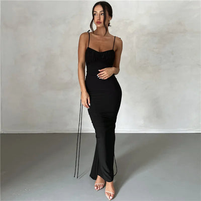 Summer sexy pleated solid color strap with perspective high slit backless sleeveless long skirt