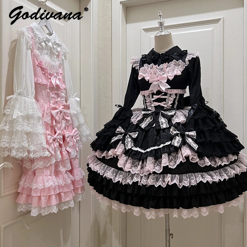 Original Lolita Dress Set Doll Feeling Girl Women's Sweet Jsk Suspender Dress Princess Fairy Lace Bow Sling Cake Dresses