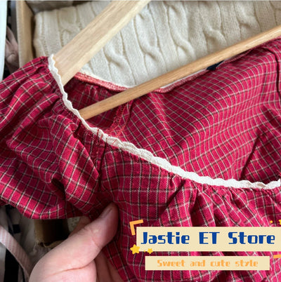 Lace Three-button Plaid Puff Sleeve Short Sleeve T-shirt Women's Summer Sweet Preppy Style Slim Shirt V-neck Short Tops Y2k