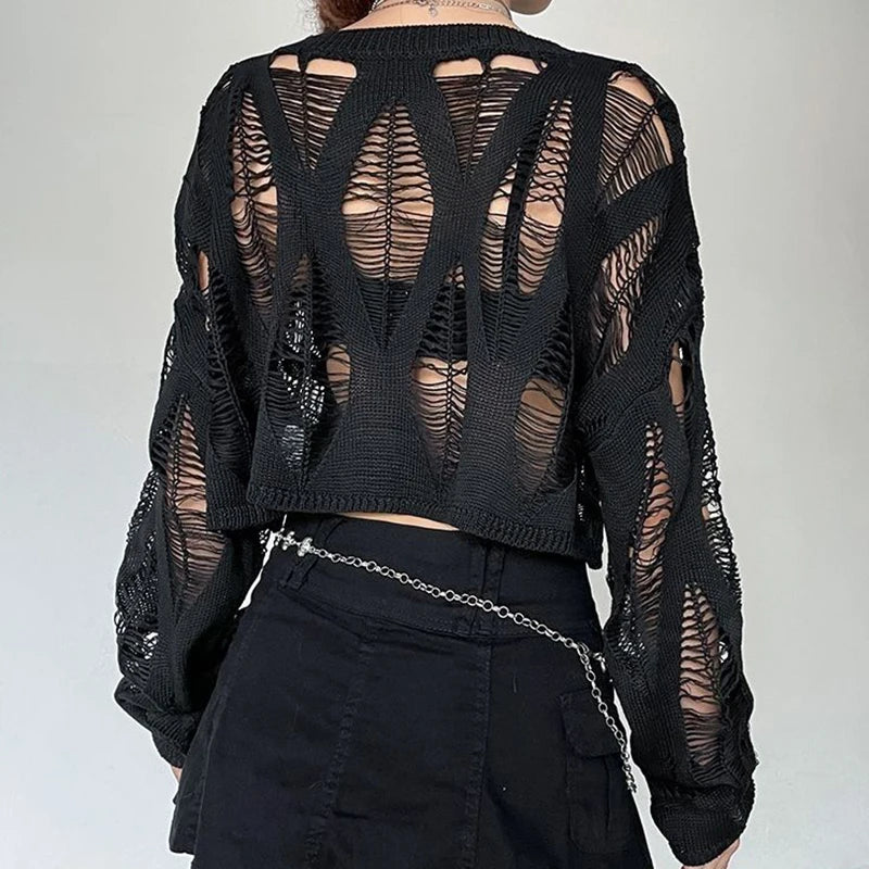 Hollow Ripped Long Sleeve Crop Top