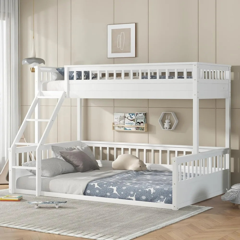 Low Bunk Beds Twin XL Over Queen Floor Bunk Bed with Ladder and Guardrail Wood Detachable Bunk Bed Frame for Boys, Girls, No Spr