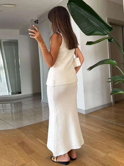 Single Breasted Knit Vest Mermaid Dress Woman Set O-Neck Split Sleeveless Top Solid Color Slim Long Dresses Casual Women Sets