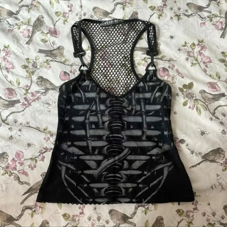 Y2k Aesthetic Crop Top Punk T shirt Women Sexy Gothic Clothes High Street Tee Shirts Tank Tops Femme Mesh Skulls Femme Camis EMO