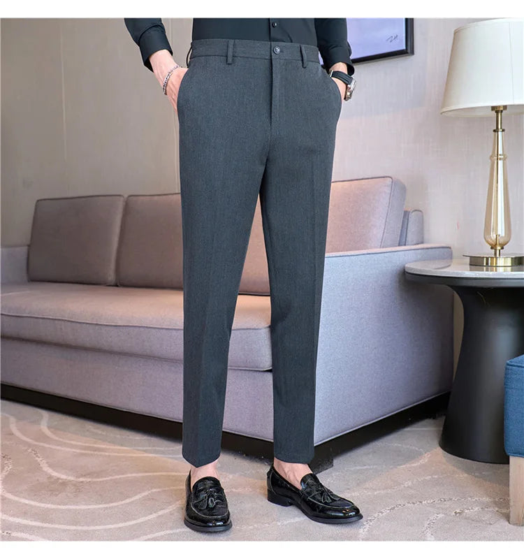 High End Elastic Waistband Suit Pants for Men Embroidered Business Casual Pants Solid Colror Versatile Social Office Trousers