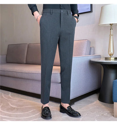 High End Elastic Waistband Suit Pants for Men Embroidered Business Casual Pants Solid Colror Versatile Social Office Trousers