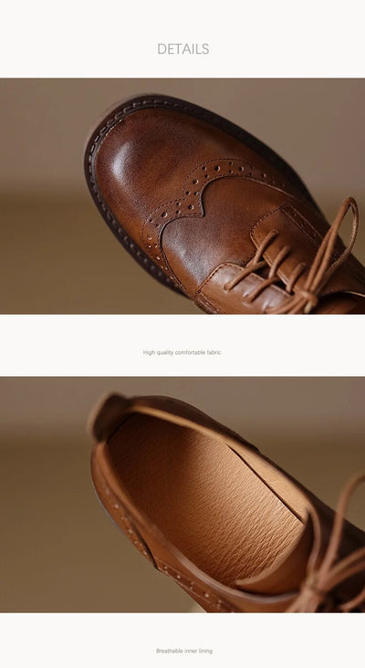 NEW Spring Women Loafers Genuine Leather Shoes Round Toe Square Heel Women Shoes Casual Lace-up Women Pumps Carving Oxford Shoes