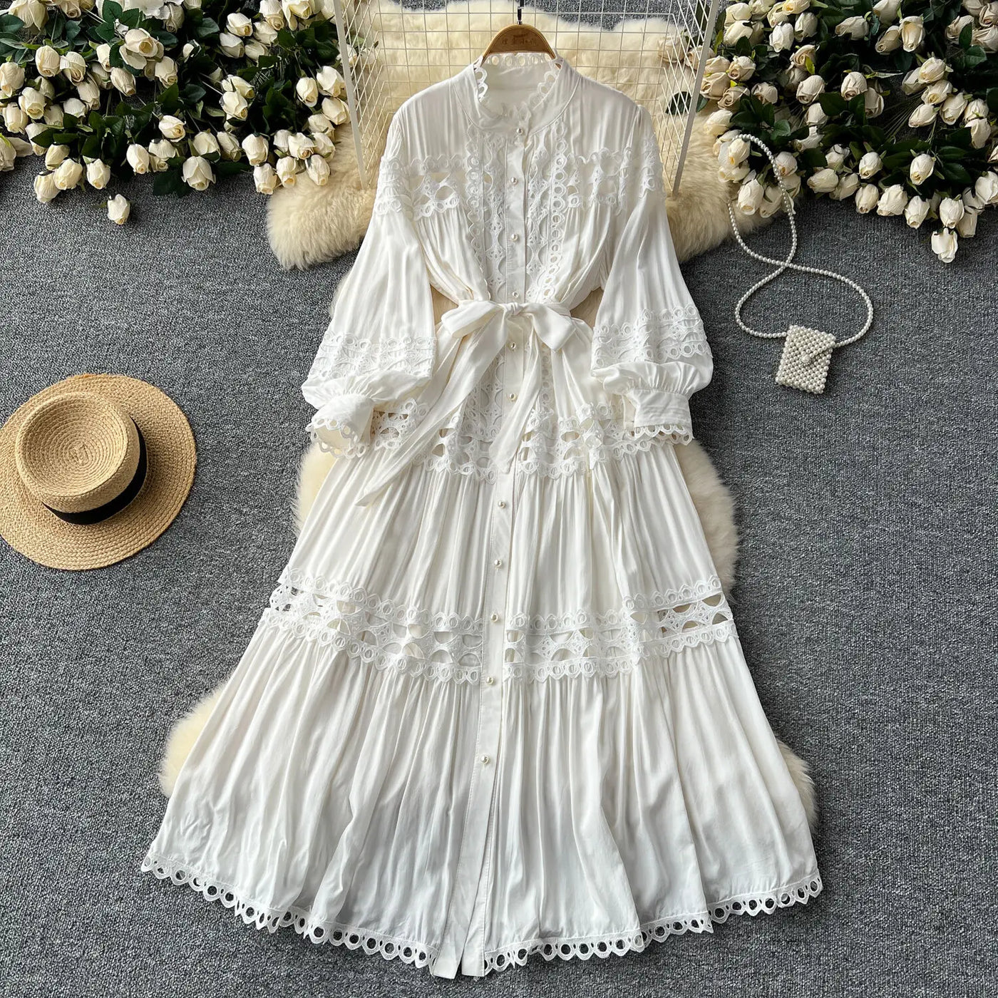 Elegant Long Maxi Hollow Out Dress Shirt Women Summer Autumn Palace Retro Pearl Button Embroidery Crochet Evening Party Vestidos