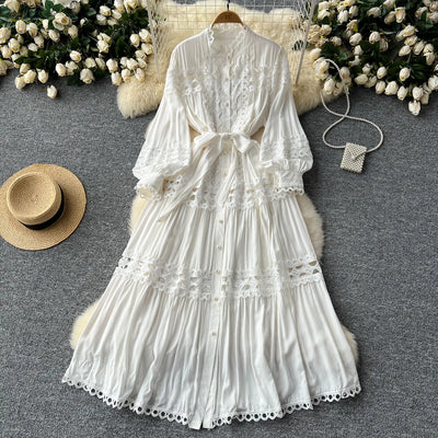 Elegant Long Maxi Hollow Out Dress Shirt Women Summer Autumn Palace Retro Pearl Button Embroidery Crochet Evening Party Vestidos