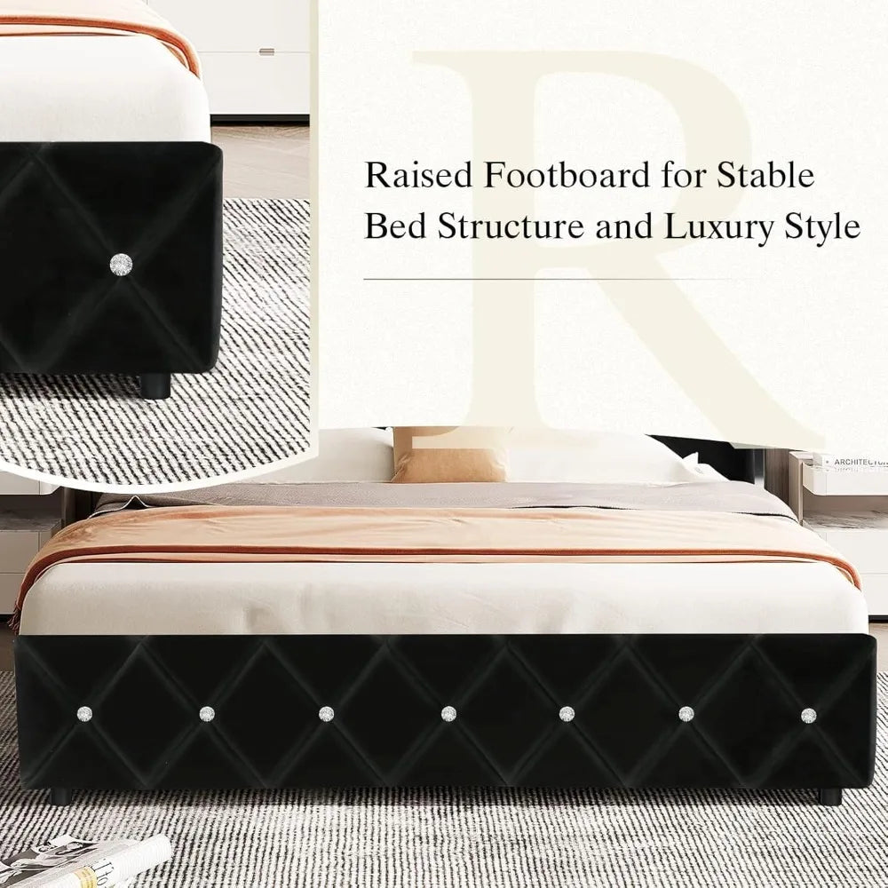 Queen Bed Frame with Headboard, Velvet Upholstered Bed with Wingback and Diamond Tufted Design, Wood Slat Support, No Box