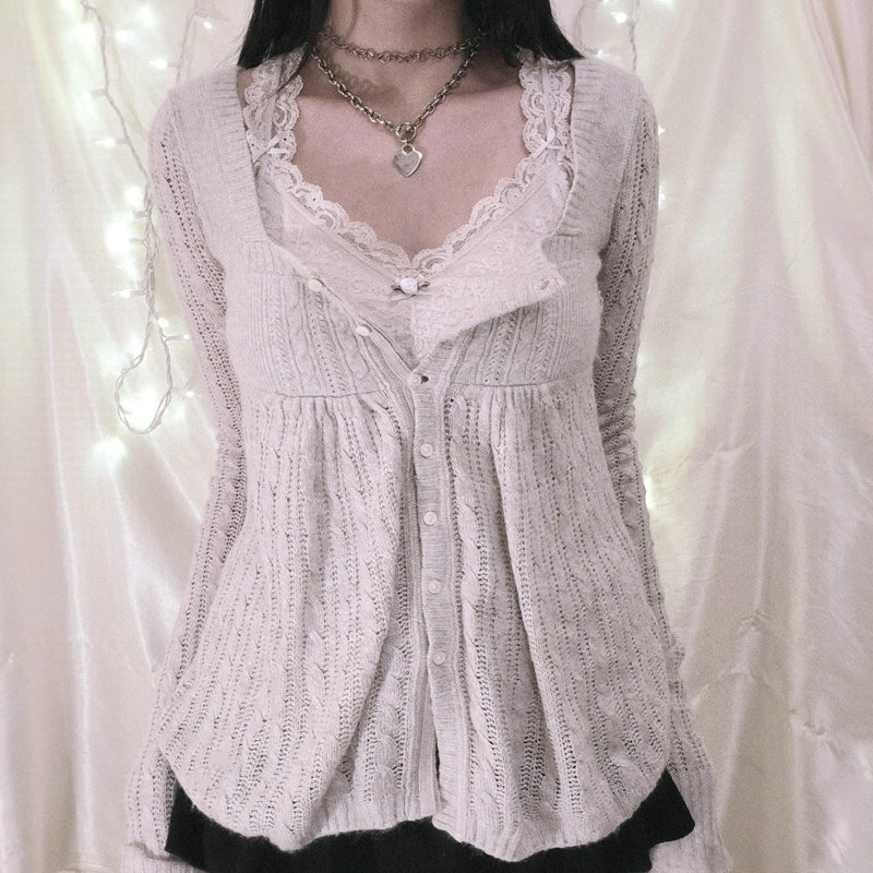 00s Aesthetic Kawaii Knitwear T-shirt Women Clothes Coquette Grunge Y2K 00s Vintage Sweater Single Breasted Long Sleeve Cardigan