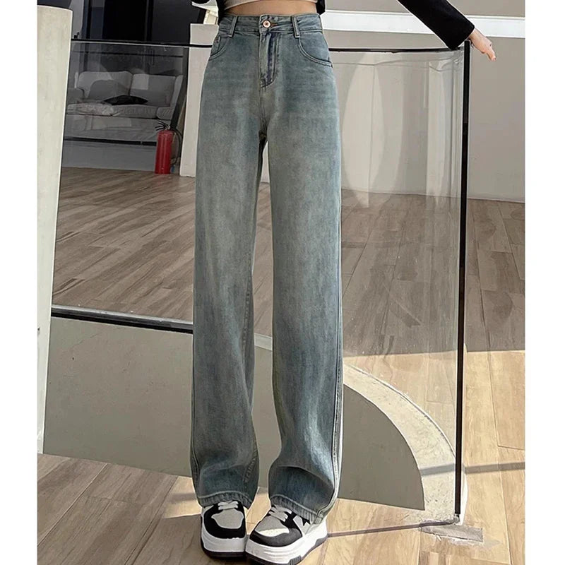 Woman High Waist Stacked Straight Leg Jeans Female Gothic Loose Wide Leg Pants Girls Y2k Black Blue Light Blue Denim Trousers
