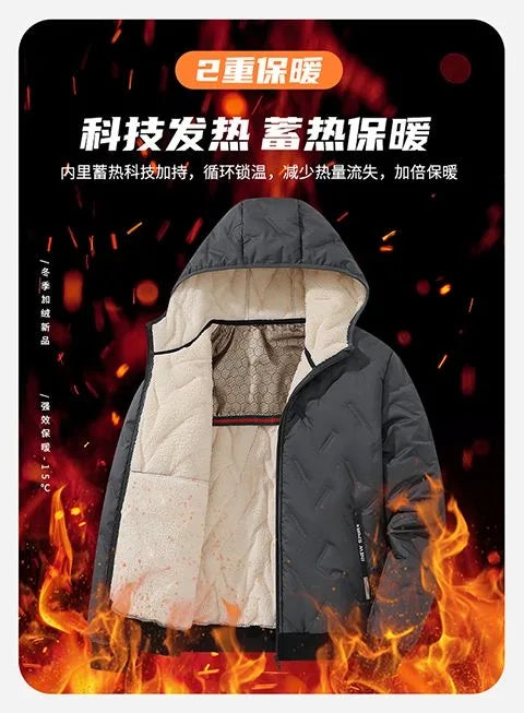 2024 Winter Fashion Sports Plus Fleece Thick Warm Jacket Men's Casual Loose Comfortable Plus Size Hooded Cotton-Padded Jacket