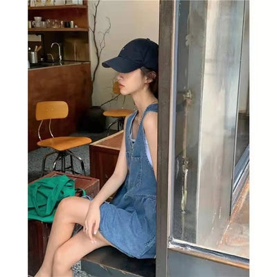 Women's sleeveless halter dress  Summer Single Breasted Pocket Denim Dress  Women's Korean loose A-line mini dresses