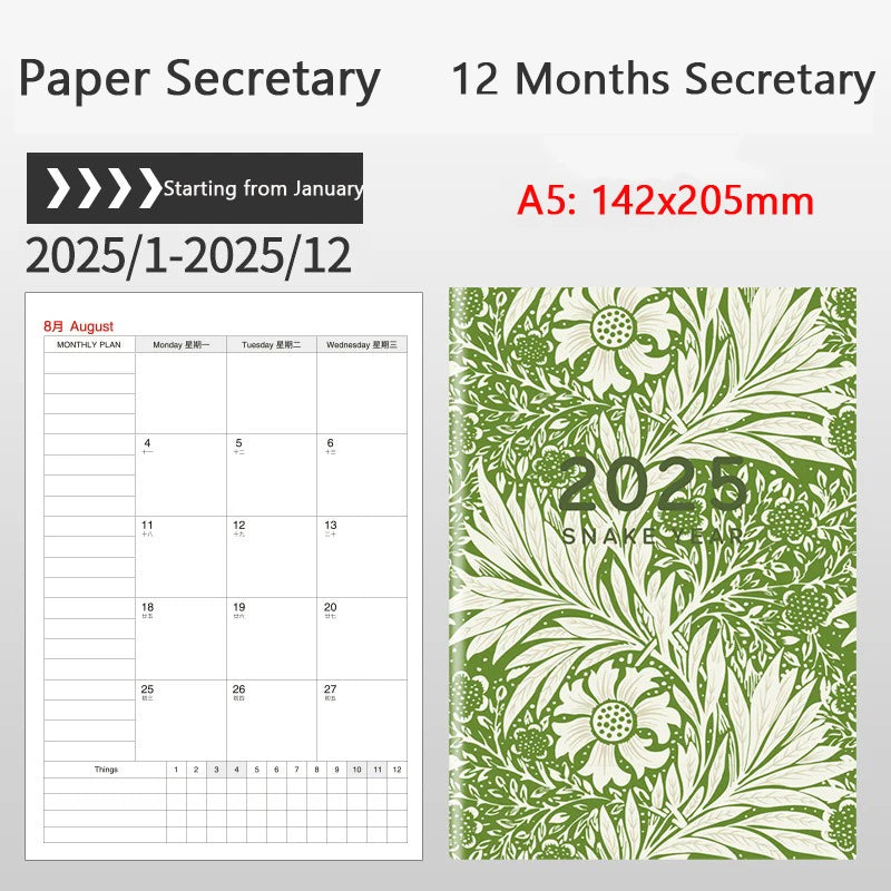 Portable 2025 Monthly Notes Notebook, A4/A5 Size 24 Sheets Annual Calendar Planner for School Travel Business Work Home Writing
