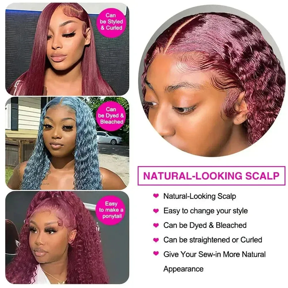 Curly 99J Burgundy 30 Inch Deep Wave 13x4 Lace Front Wig Wet And Wavy Red Colored wigs HD Lace Frontal 100% Human Hair Wigs
