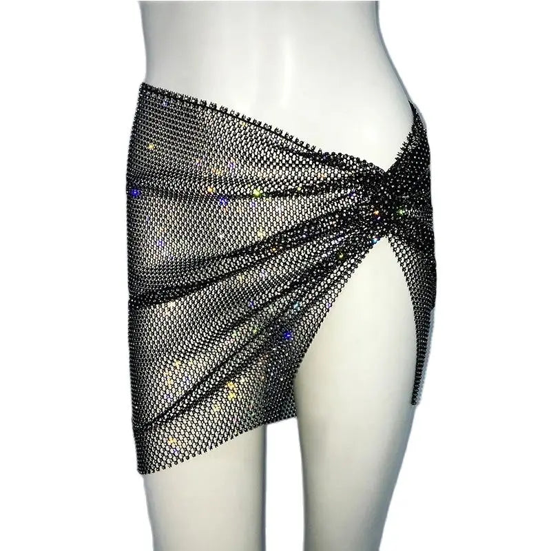 Sexy Hollow Out Mesh Mini Skirt Glitter Rhinestone See Through Fishnet Side Split Skirt Rave Festival Nightclub Party Skirt