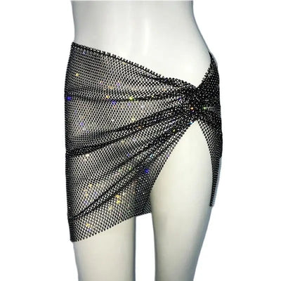 Sexy Hollow Out Mesh Mini Skirt Glitter Rhinestone See Through Fishnet Side Split Skirt Rave Festival Nightclub Party Skirt