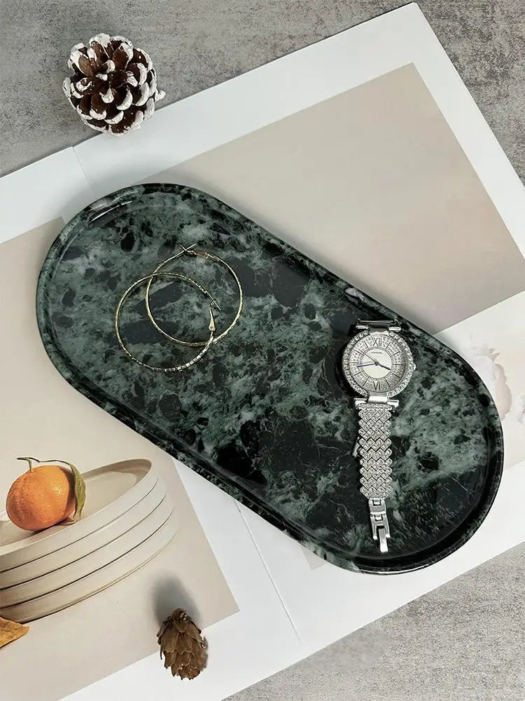 Luxury Green Marble Oval Tray: Bathroom Organizer & Fruit Serving Platter, Waterproof Stone Decor for Hotel Spa Home Kitchen