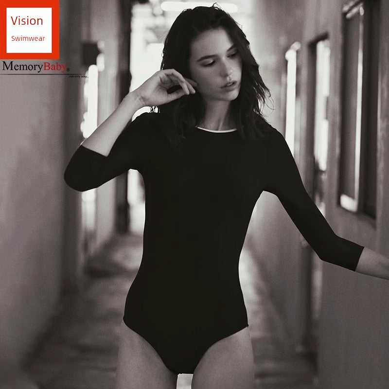 Memorybaby Holiday New Retro Elegant Conservative Cover Belly Thin Stunning Open Back Long-Sleeved One-Piece Swimsuit