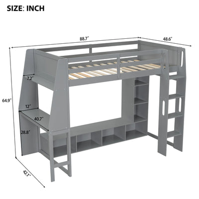 Full size bed frame Gaming Loft Bed with Desk, Multi-storage Shelves, LED and a Hanging Clothes Rack, Gray